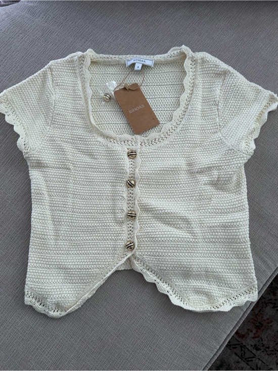 RIHOAS Tops - RIHOAS Cream Crochet Knit Short Sleeve Cardigan